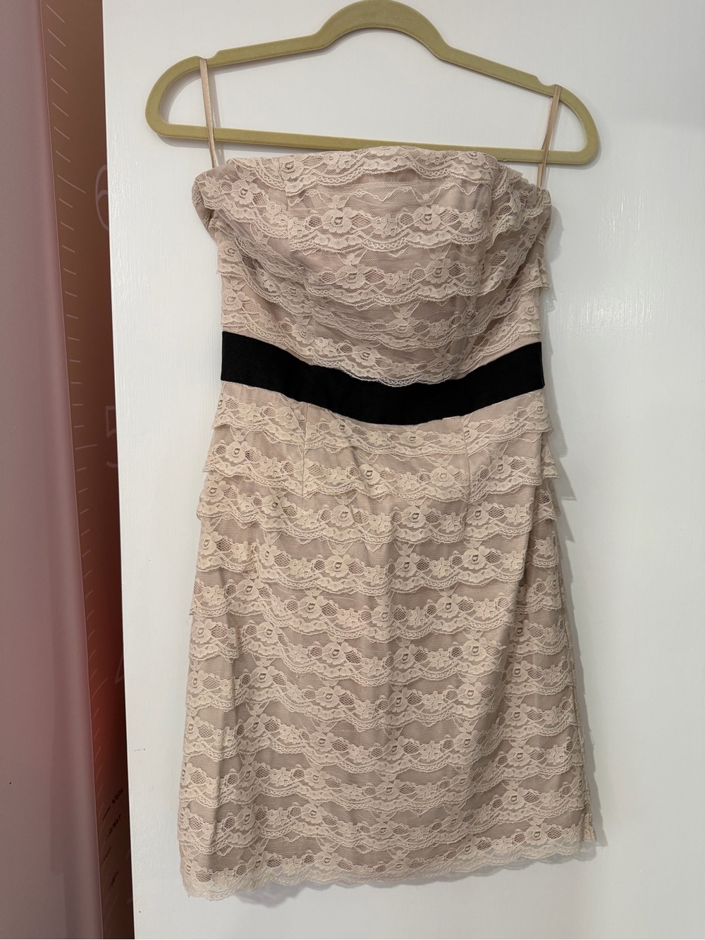 H&M Strapless Lace Dress in Blush with Black Waist